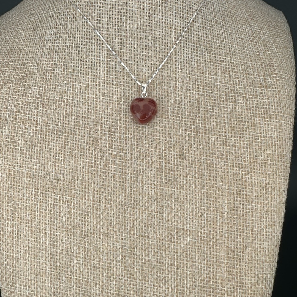 Heart-Shaped Cinnabar in Agate Pendant Necklace on Sterling Silver Bail & Chain - Picture 3 of 12